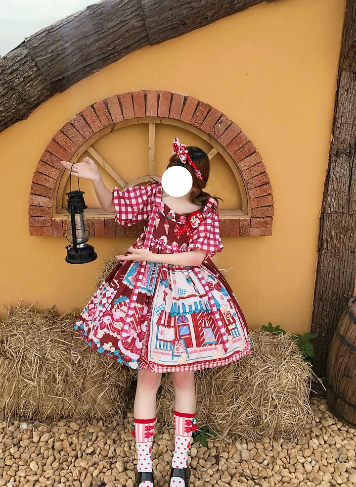 Sweet Red Plaid Strawberry Bunny House Lolita Spring Summer Short Sleeve Op Dress