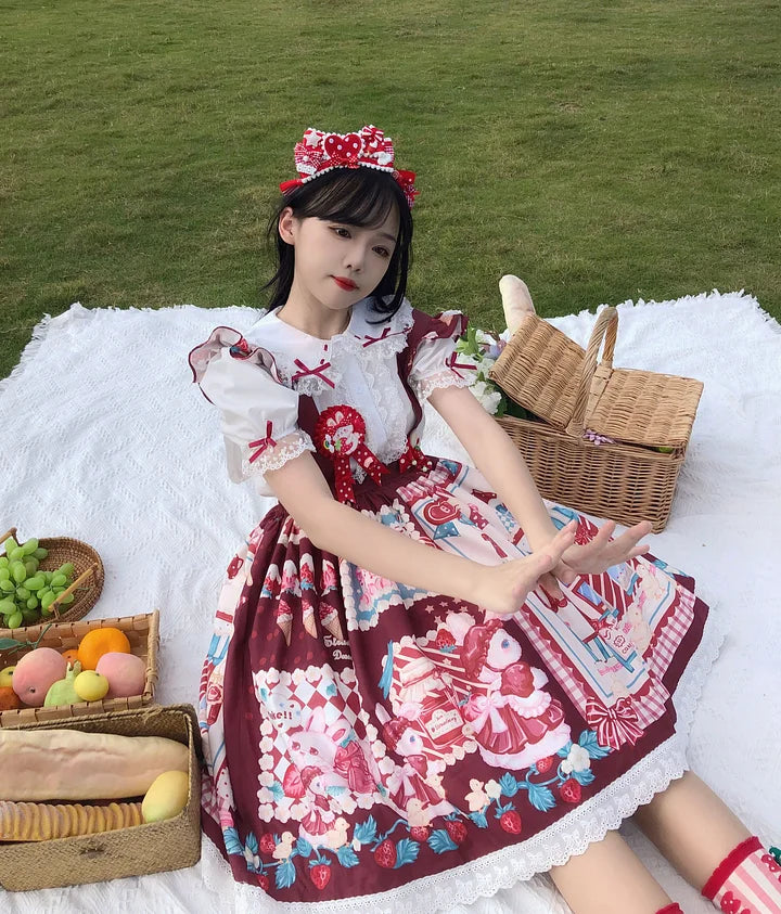 Sweet Red Plaid Strawberry Bunny House Lolita Spring Summer Short Sleeve Op Dress