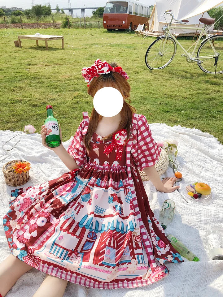 Sweet Red Plaid Strawberry Bunny House Lolita Spring Summer Short Sleeve Op Dress