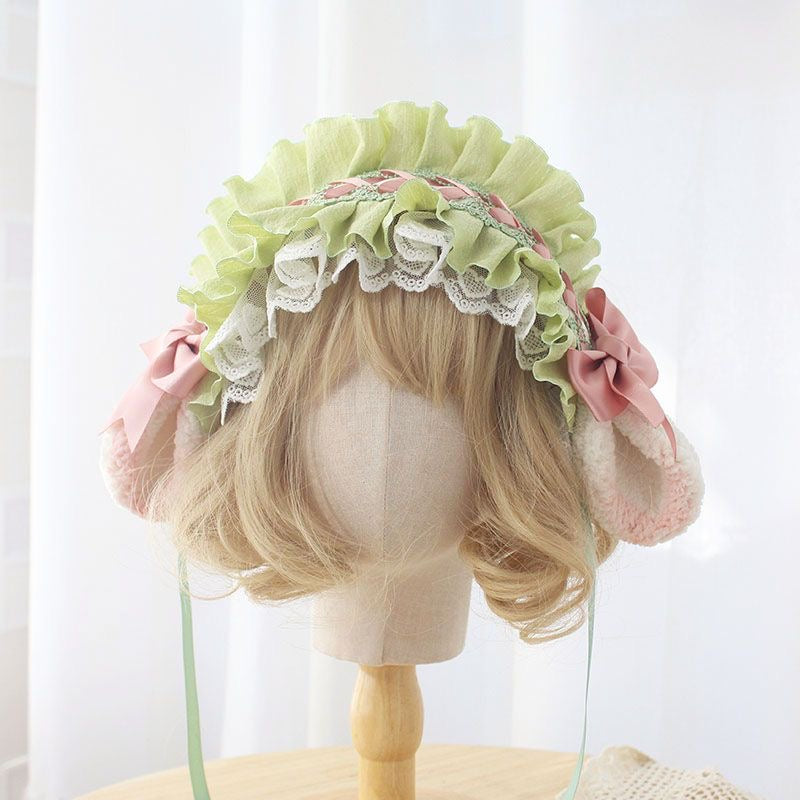 Lolita Accessories Headwear Pink Blue Sweet Sheep Ears Hairband Lace Ruffle Hair Accessories