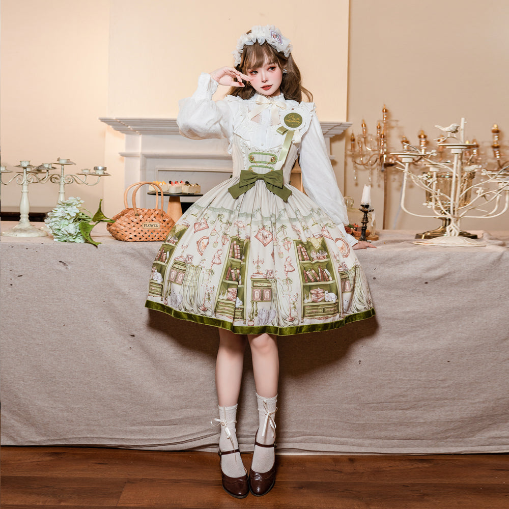 Classic Lolita Vintage Dress Green with Whimsical Print for Tea Party Fashion Outfits