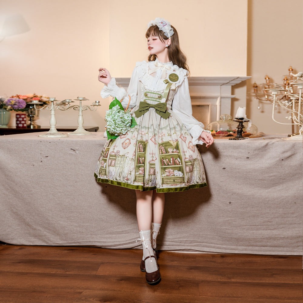 Classic Lolita Vintage Dress Green with Whimsical Print for Tea Party Fashion Outfits