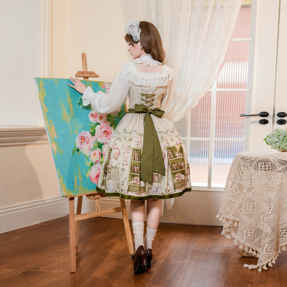 Classic Lolita Vintage Dress Green with Whimsical Print for Tea Party Fashion Outfits