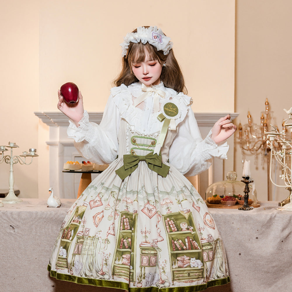 Classic Lolita Vintage Dress Green with Whimsical Print for Tea Party Fashion Outfits