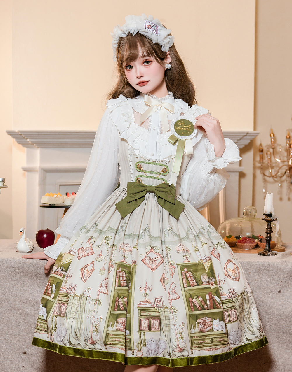 Classic Lolita Vintage Dress Green with Whimsical Print for Tea Party Fashion Outfits