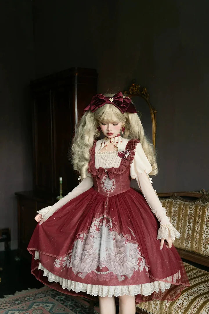 Sweet Vintage Lolita Dress Rabbit Red Gigot Sleeve Princess Dress in Fall
