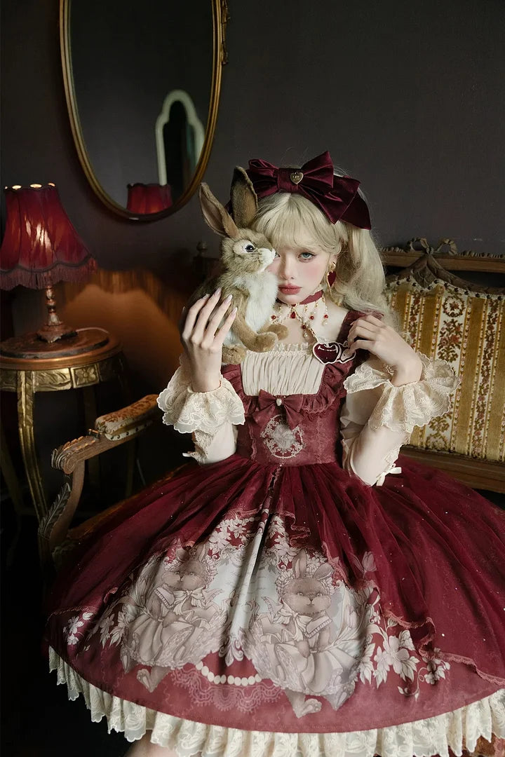 Sweet Vintage Lolita Dress Rabbit Red Gigot Sleeve Princess Dress in Fall