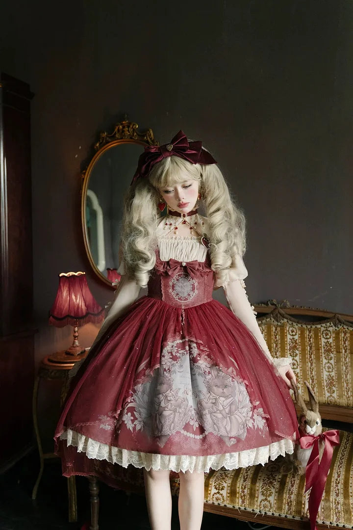 Sweet Vintage Lolita Dress Rabbit Red Gigot Sleeve Princess Dress in Fall