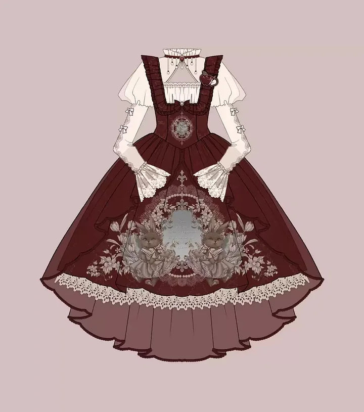 Sweet Vintage Lolita Dress Rabbit Red Gigot Sleeve Princess Dress in Fall