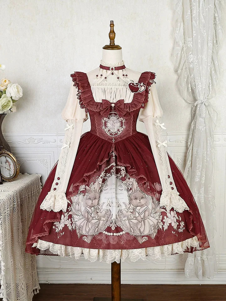 Sweet Vintage Lolita Dress Rabbit Red Gigot Sleeve Princess Dress in Fall