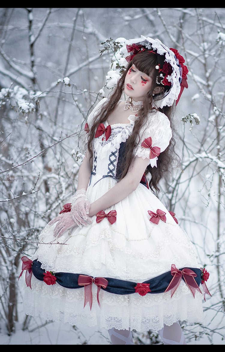 Sweet White Princess Dress Lolita Short Sleeve Short Lace Dress Bowknot