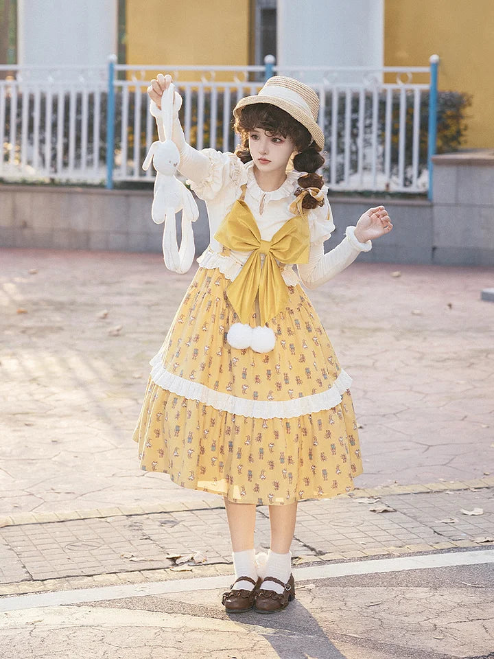 Sweet Yellow Long Sleeve Dress Printed Lolita Send Bow Dress Autumn Strap Dress