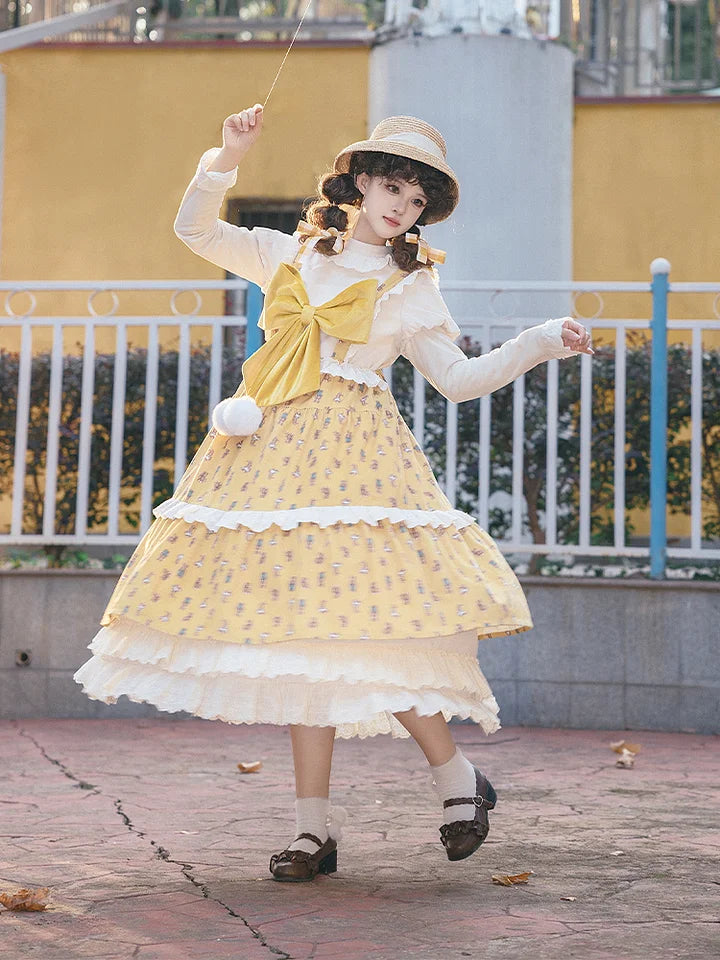 Sweet Yellow Long Sleeve Dress Printed Lolita Send Bow Dress Autumn Strap Dress