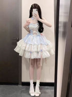 Sweet and Cute Apricot Blue Fairy Neck Sling Lolita Spring and Summer Layer Cake Puffy Dress