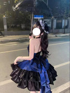 Sweet and Cute Apricot Blue Fairy Neck Sling Lolita Spring and Summer Layer Cake Puffy Dress