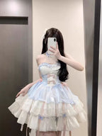 Sweet and Cute Apricot Blue Fairy Neck Sling Lolita Spring and Summer Layer Cake Puffy Dress