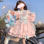 Sweet and Cute Bear OP Lolita Pink Long-sleeved Lolita Dress