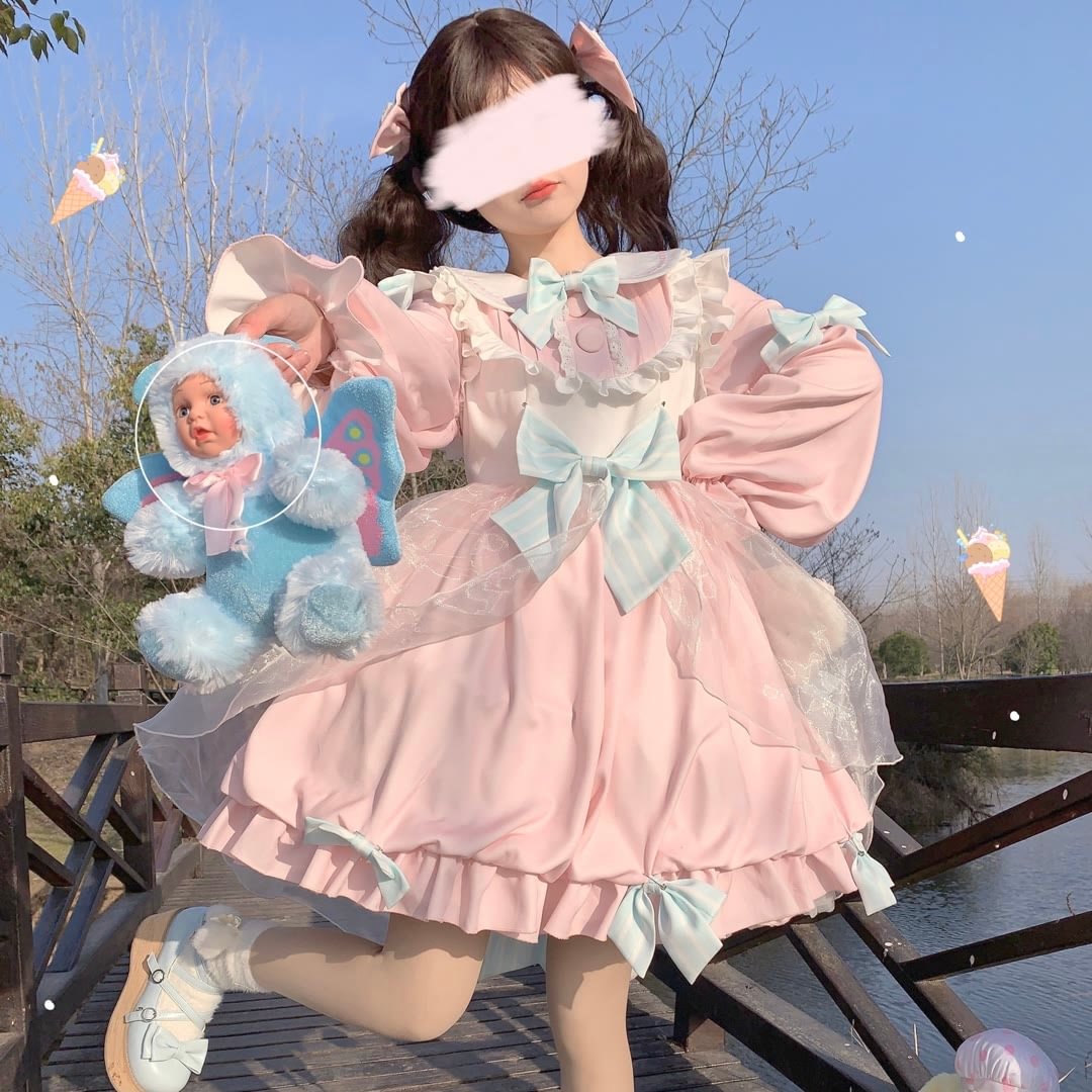 Sweet and Cute Bear OP Lolita Pink Long-sleeved Lolita Dress