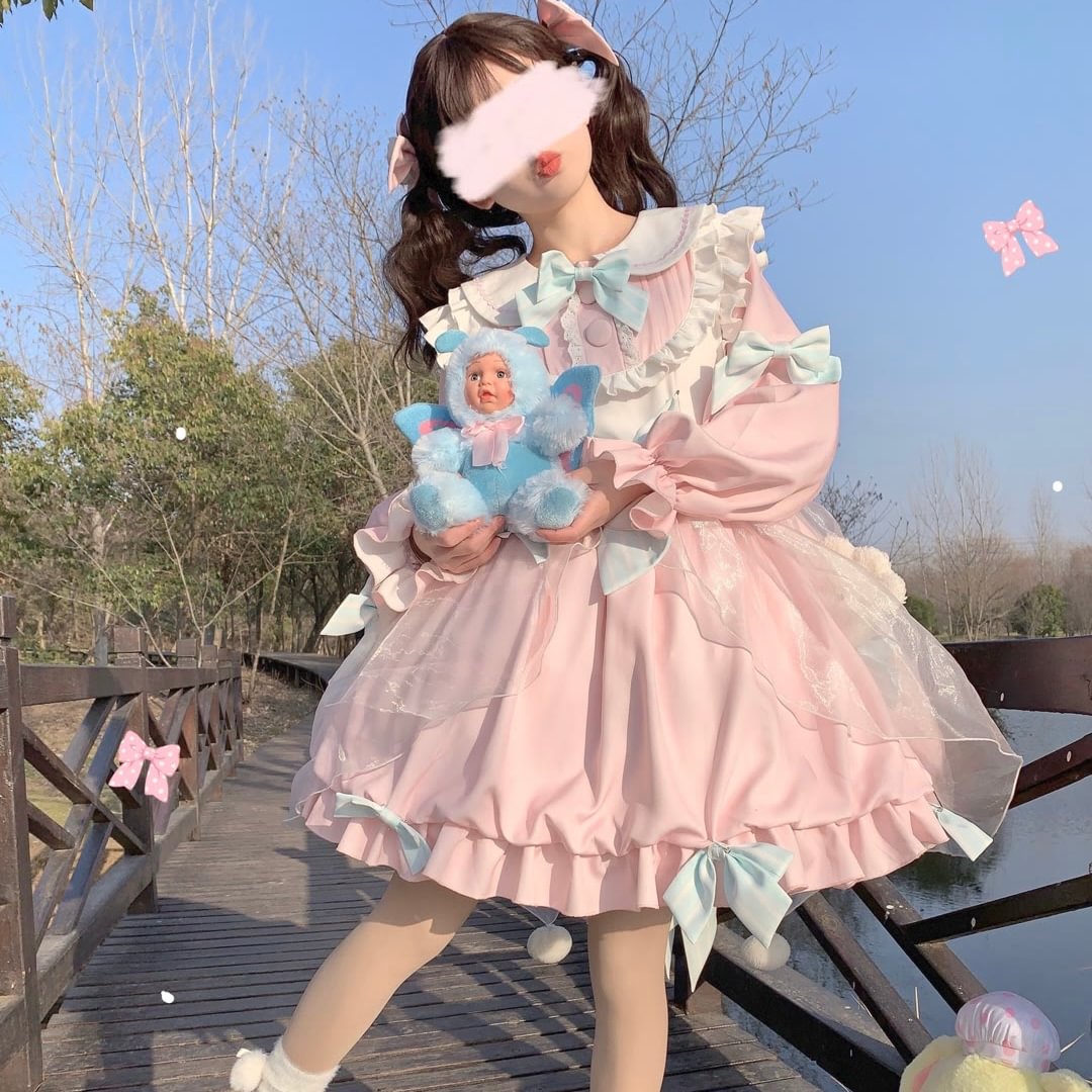 Sweet and Cute Bear OP Lolita Pink Long-sleeved Lolita Dress