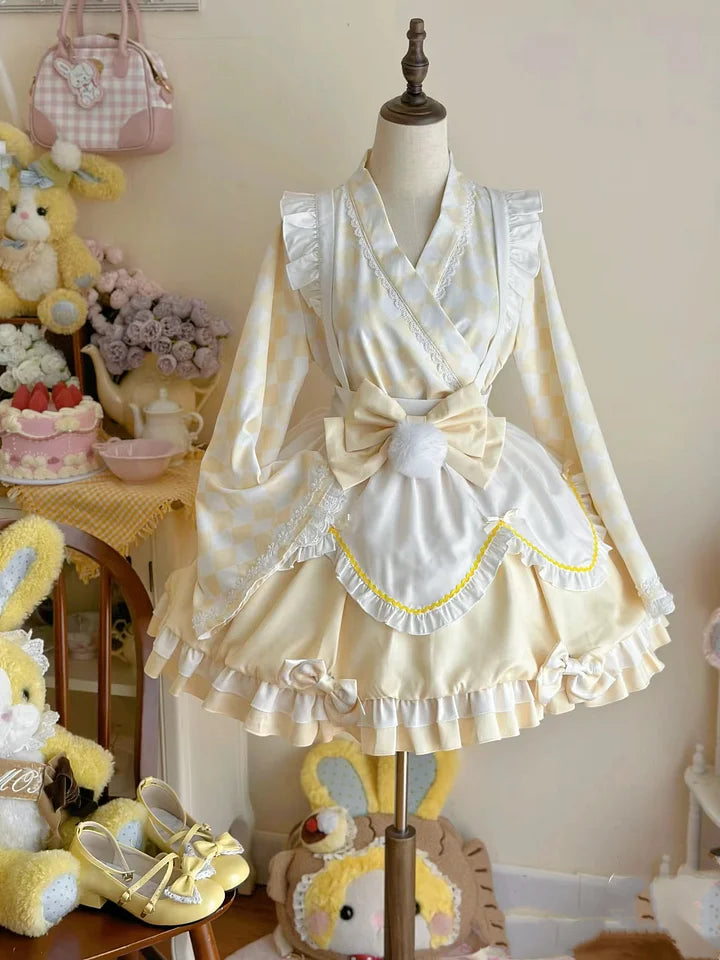 Sweet and Cute Pink and Yellow Maid Style Dress Lolita Long-sleeved Short Bud Dress
