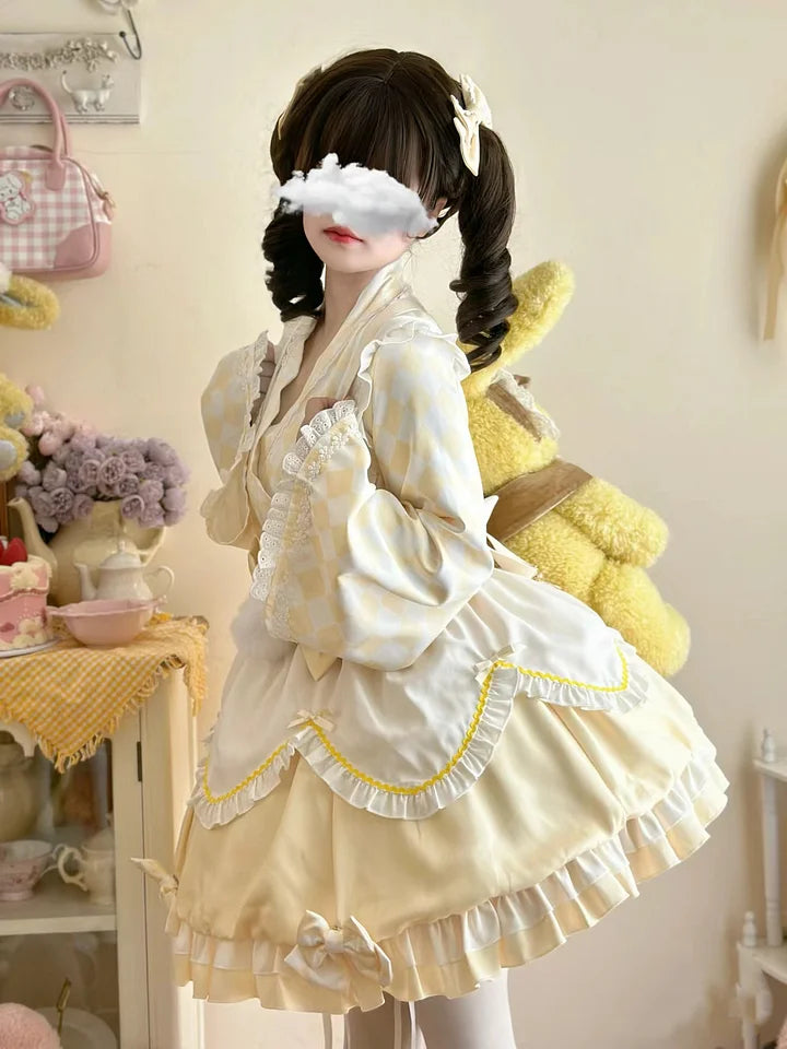 Sweet and Cute Pink and Yellow Maid Style Dress Lolita Long-sleeved Short Bud Dress
