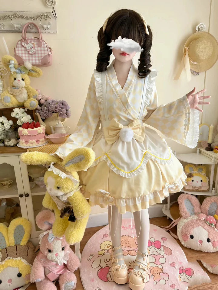 Sweet and Cute Pink and Yellow Maid Style Dress Lolita Long-sleeved Short Bud Dress