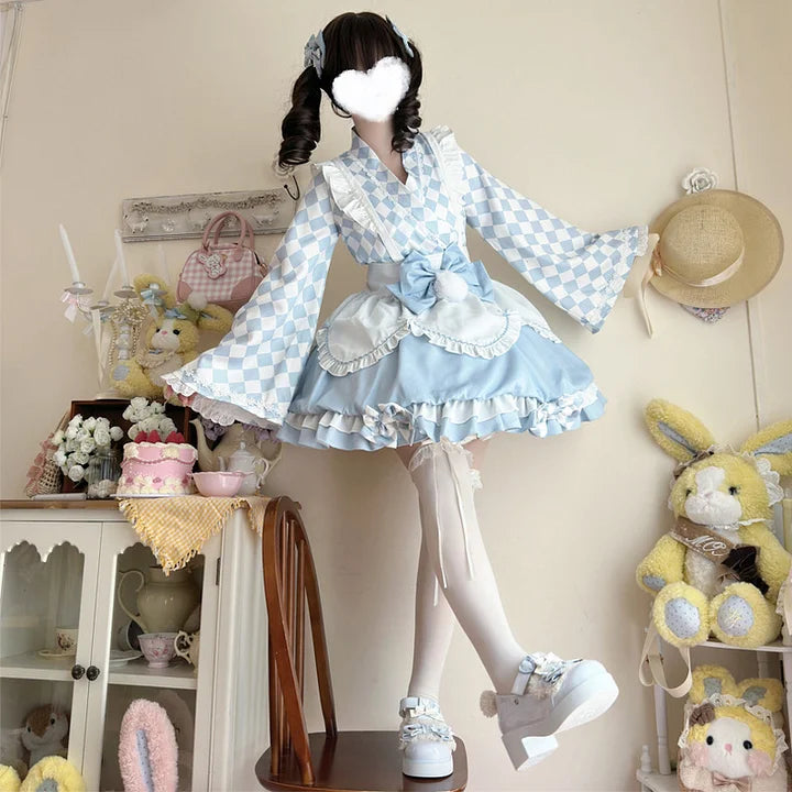 Sweet and Cute Pink and Yellow Maid Style Dress Lolita Long-sleeved Short Bud Dress