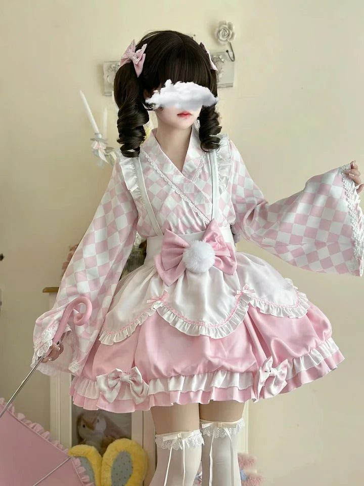Sweet and Cute Pink and Yellow Maid Style Dress Lolita Long-sleeved Short Bud Dress