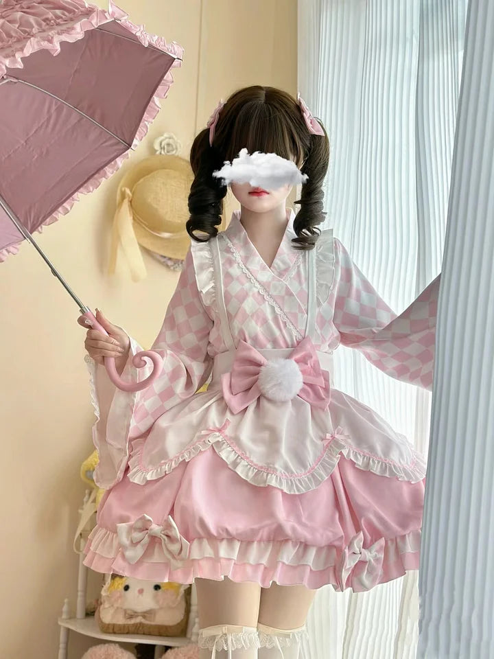 Sweet and Cute Pink and Yellow Maid Style Dress Lolita Long-sleeved Short Bud Dress
