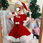 Sweet and Cute Red Christmas Dress Lolita Two-piece Suit Plush Dress Cape Christmas Hat