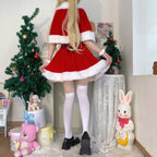 Sweet and Cute Red Christmas Dress Lolita Two-piece Suit Plush Dress Cape Christmas Hat