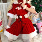 Sweet and Cute Red Christmas Dress Lolita Two-piece Suit Plush Dress Cape Christmas Hat
