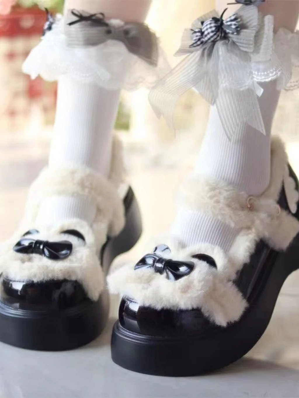 Sweet and Cute Winter Velvet Snow Boots Round Head Platform Lolita Bow Women's Shoes