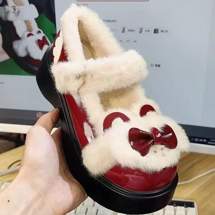 Sweet and Cute Winter Velvet Snow Boots Round Head Platform Lolita Bow Women's Shoes