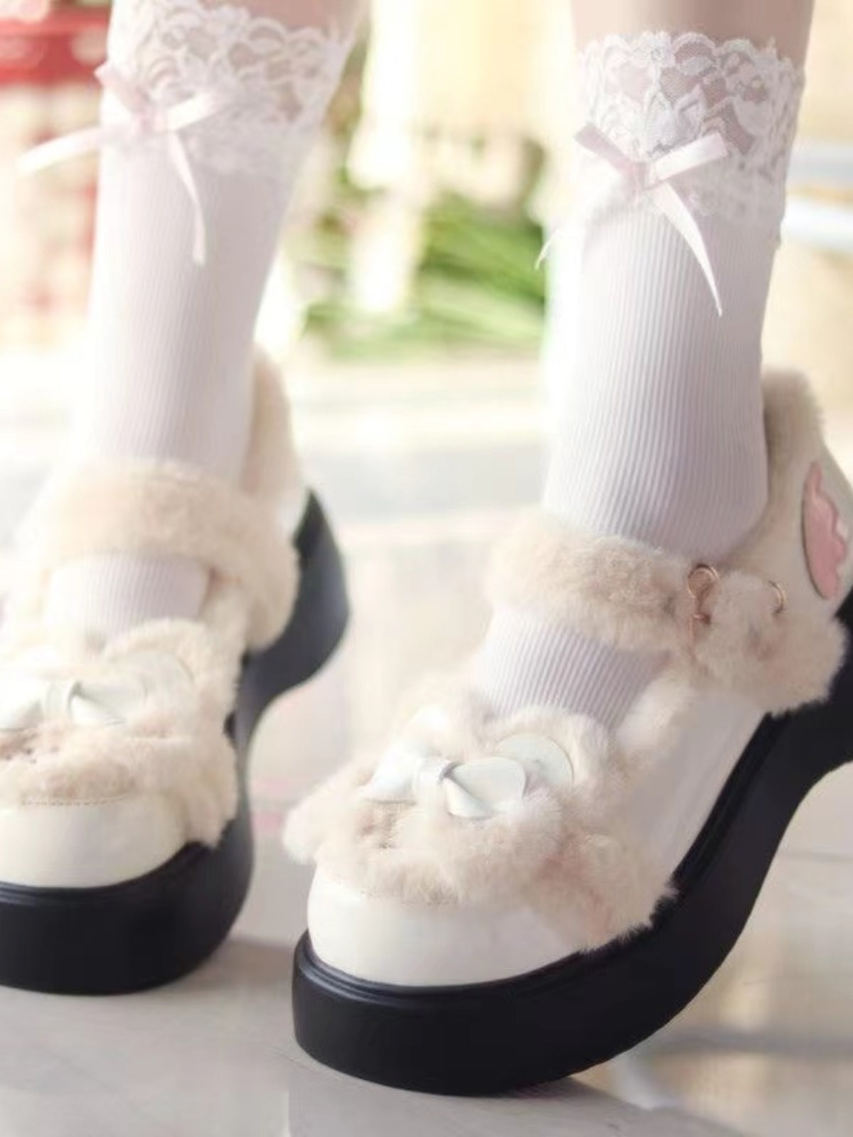 Sweet and Cute Winter Velvet Snow Boots Round Head Platform Lolita Bow Women's Shoes