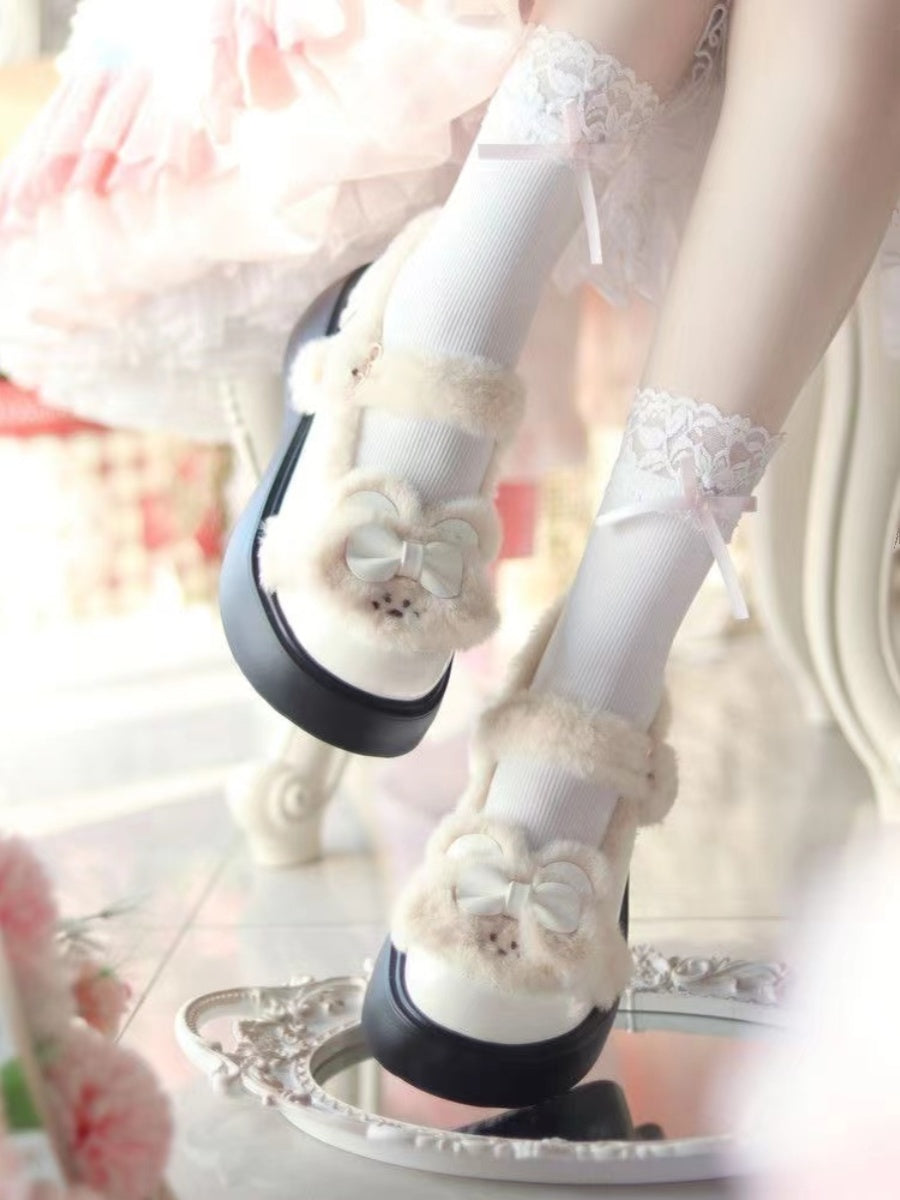 Sweet and Cute Winter Velvet Snow Boots Round Head Platform Lolita Bow Women's Shoes