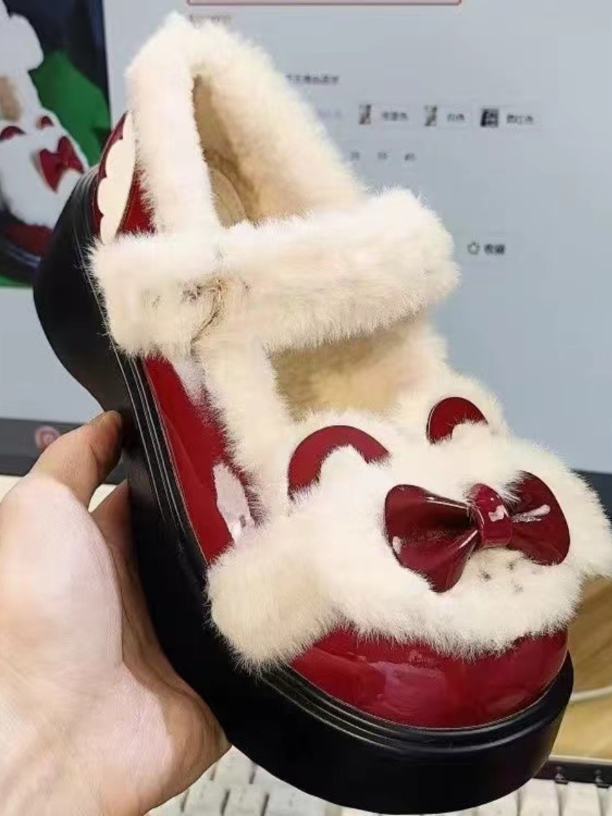 Sweet and Cute Winter Velvet Snow Boots Round Head Platform Lolita Bow Women's Shoes