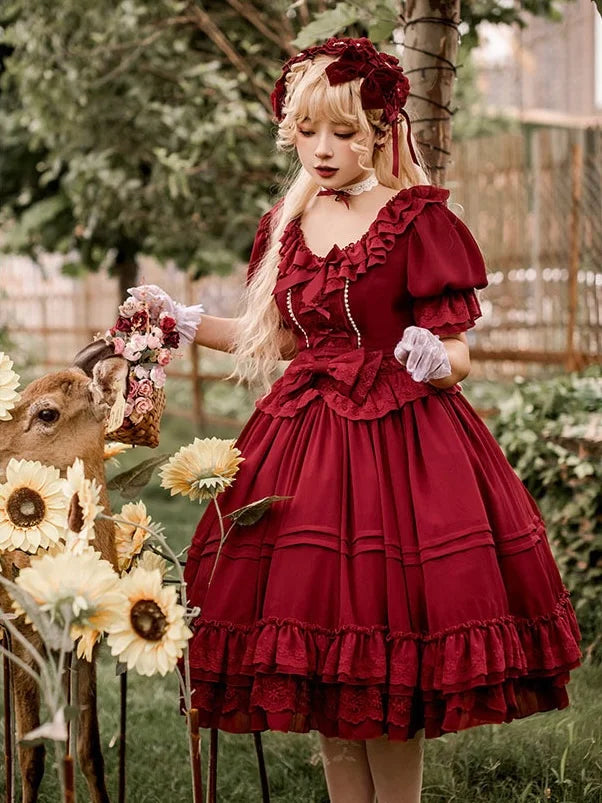 Sweet and Elegant Ruffled Lace Lolita Dress Short Sleeved Plus Size Long Dress