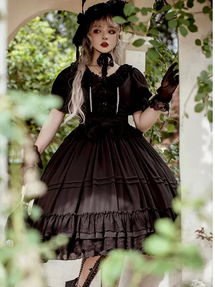 Sweet and Elegant Ruffled Lace Lolita Dress Short Sleeved Plus Size Long Dress