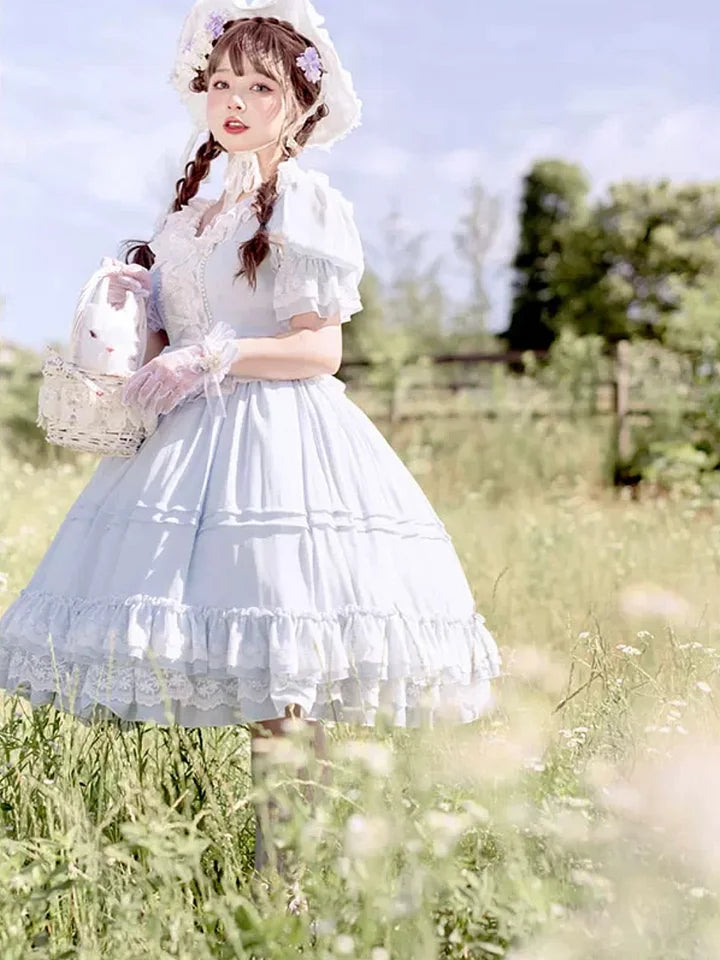 Sweet and Elegant Ruffled Lace Lolita Dress Short Sleeved Plus Size Long Dress