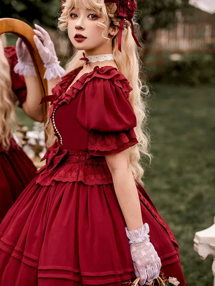 Sweet and Elegant Ruffled Lace Lolita Dress Short Sleeved Plus Size Long Dress