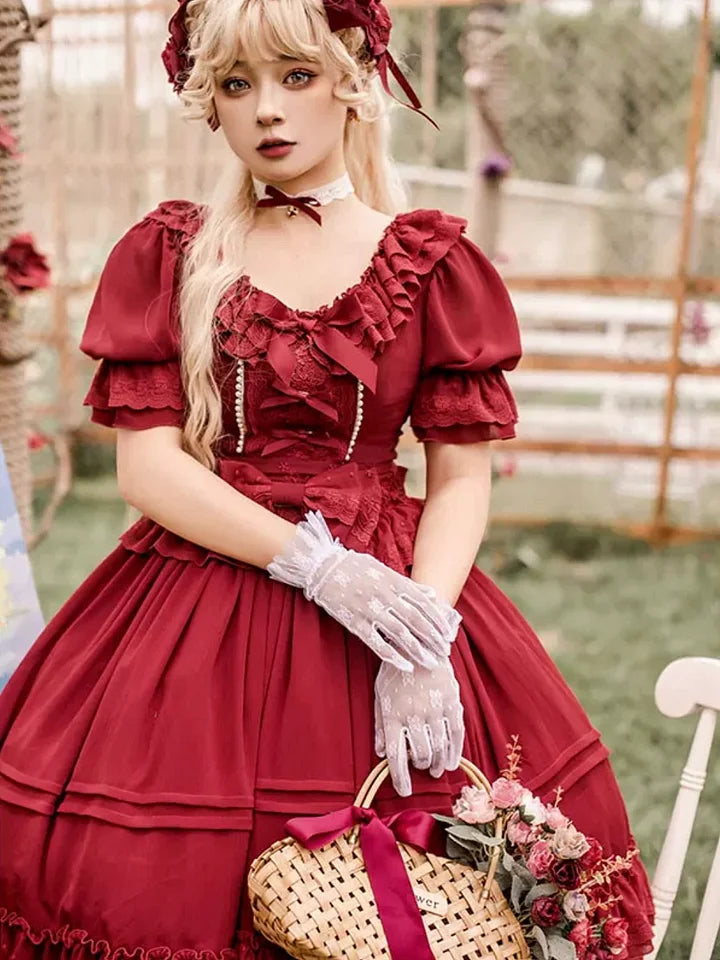 Sweet and Elegant Ruffled Lace Lolita Dress Short Sleeved Plus Size Long Dress
