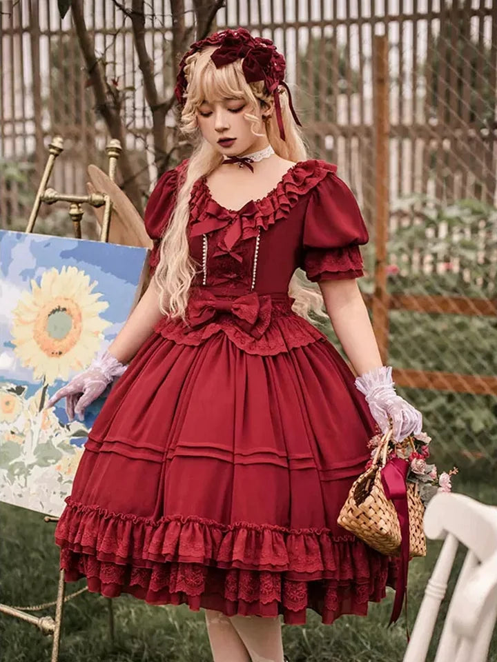 Sweet and Elegant Ruffled Lace Lolita Dress Short Sleeved Plus Size Long Dress