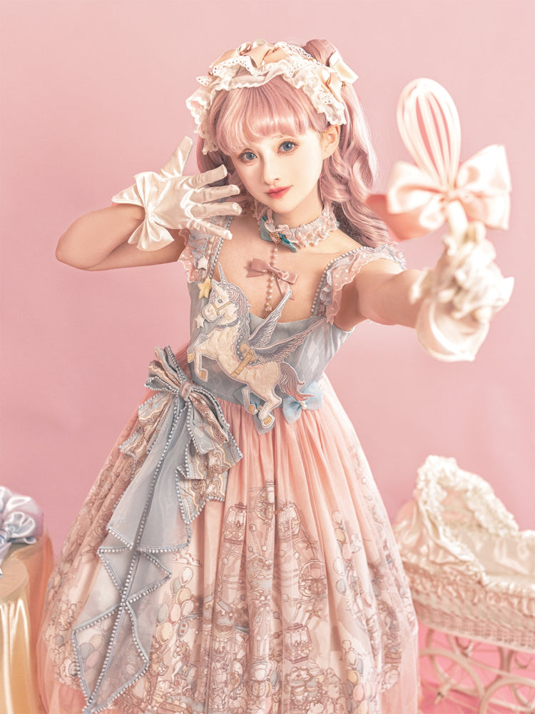 Sweet Lolita Pastel Pink Blue Sweet Lolita Dress with Unicorn Embroidery Ruffles Bow Details One Piece Dress Birthday Party