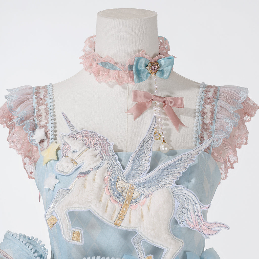 Sweet Lolita Pastel Pink Blue Sweet Lolita Dress with Unicorn Embroidery Ruffles Bow Details One Piece Dress Birthday Party
