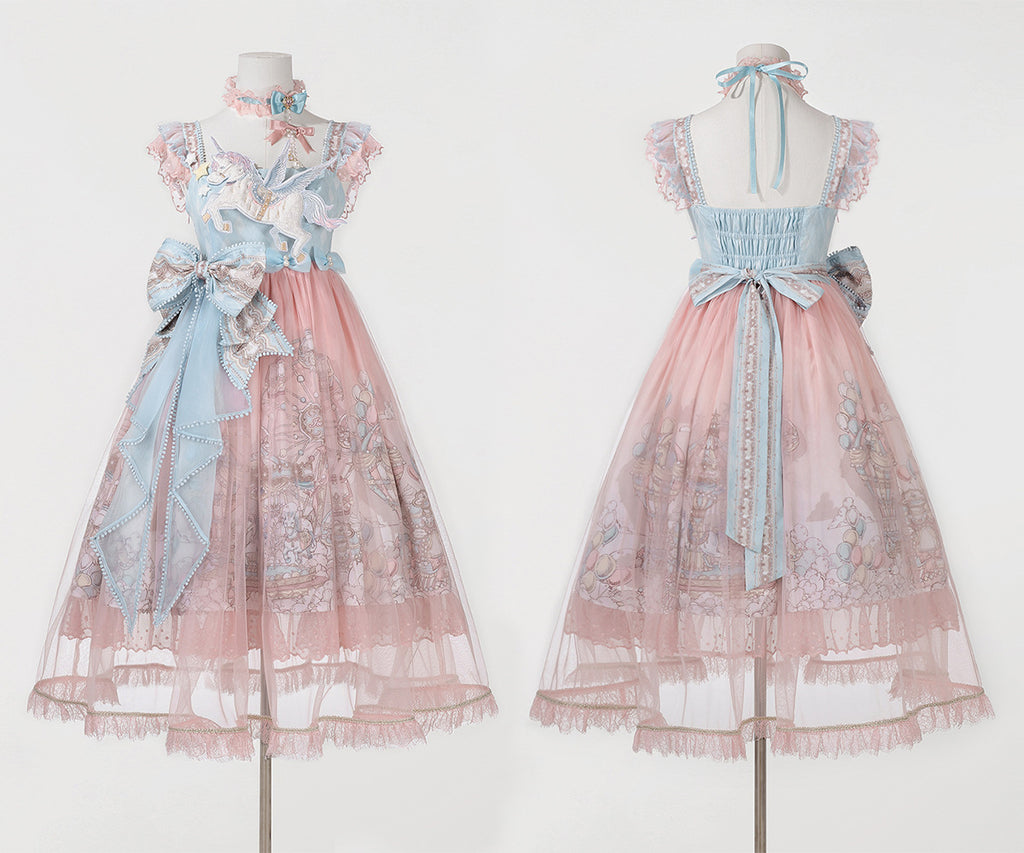 Sweet Lolita Pastel Pink Blue Sweet Lolita Dress with Unicorn Embroidery Ruffles Bow Details One Piece Dress Birthday Party