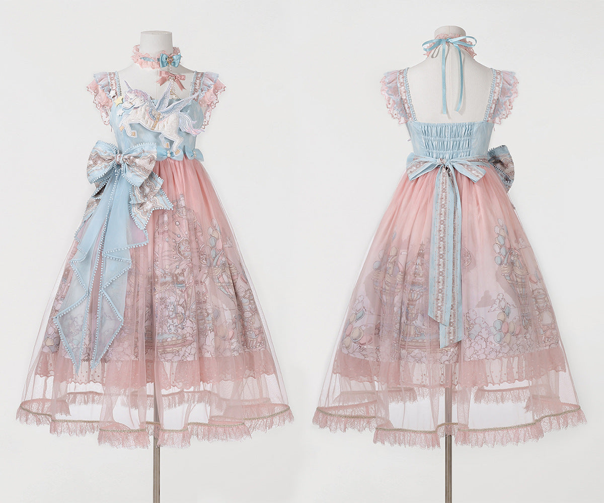 Sweet Lolita Pastel Pink Blue Sweet Lolita Dress with Unicorn Embroidery Ruffles Bow Details One Piece Dress Birthday Party