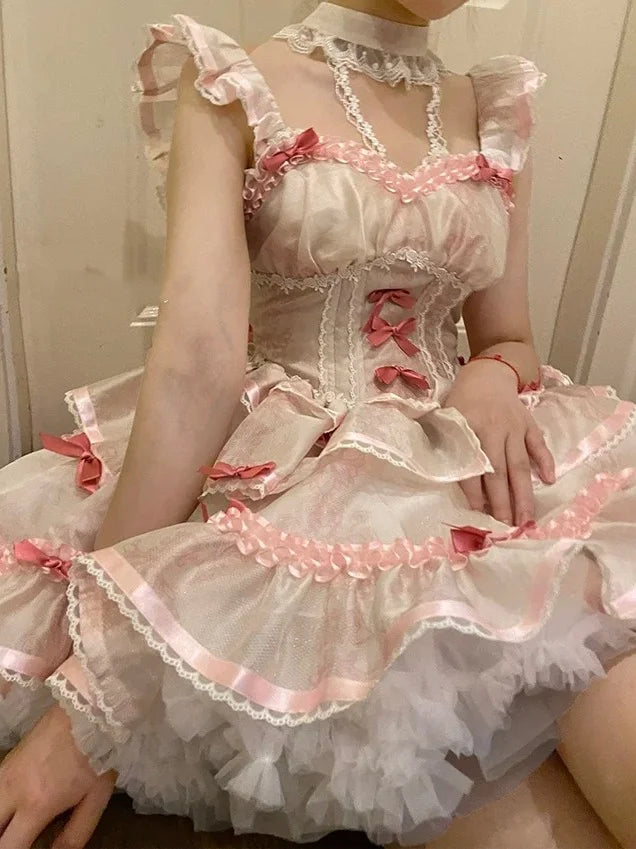 Sweetheart Ballet Lolita Dress Bow Lace Ruffles Vintage Kawaii Dress Doll Lolita Outfit JSK Cake Dress
