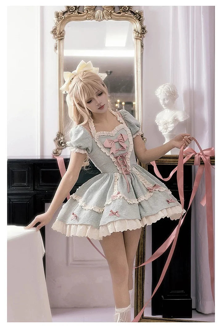Sweetheart Bow Lolita Dress Short Sleeve Lace Cute Princess Dress