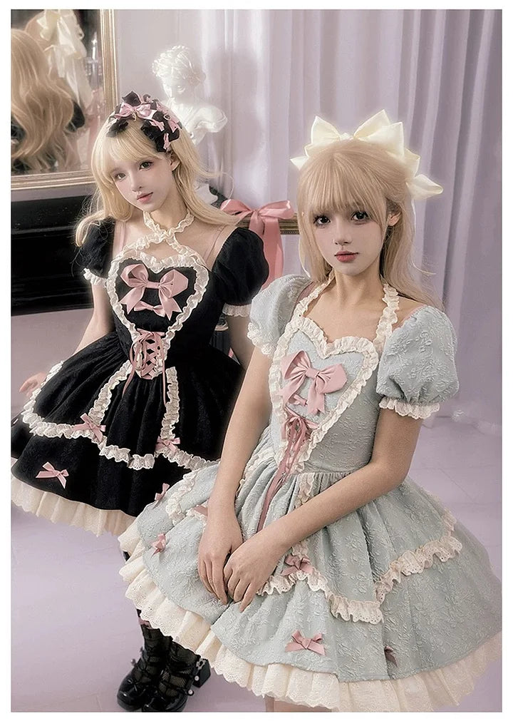 Sweetheart Bow Lolita Dress Short Sleeve Lace Cute Princess Dress